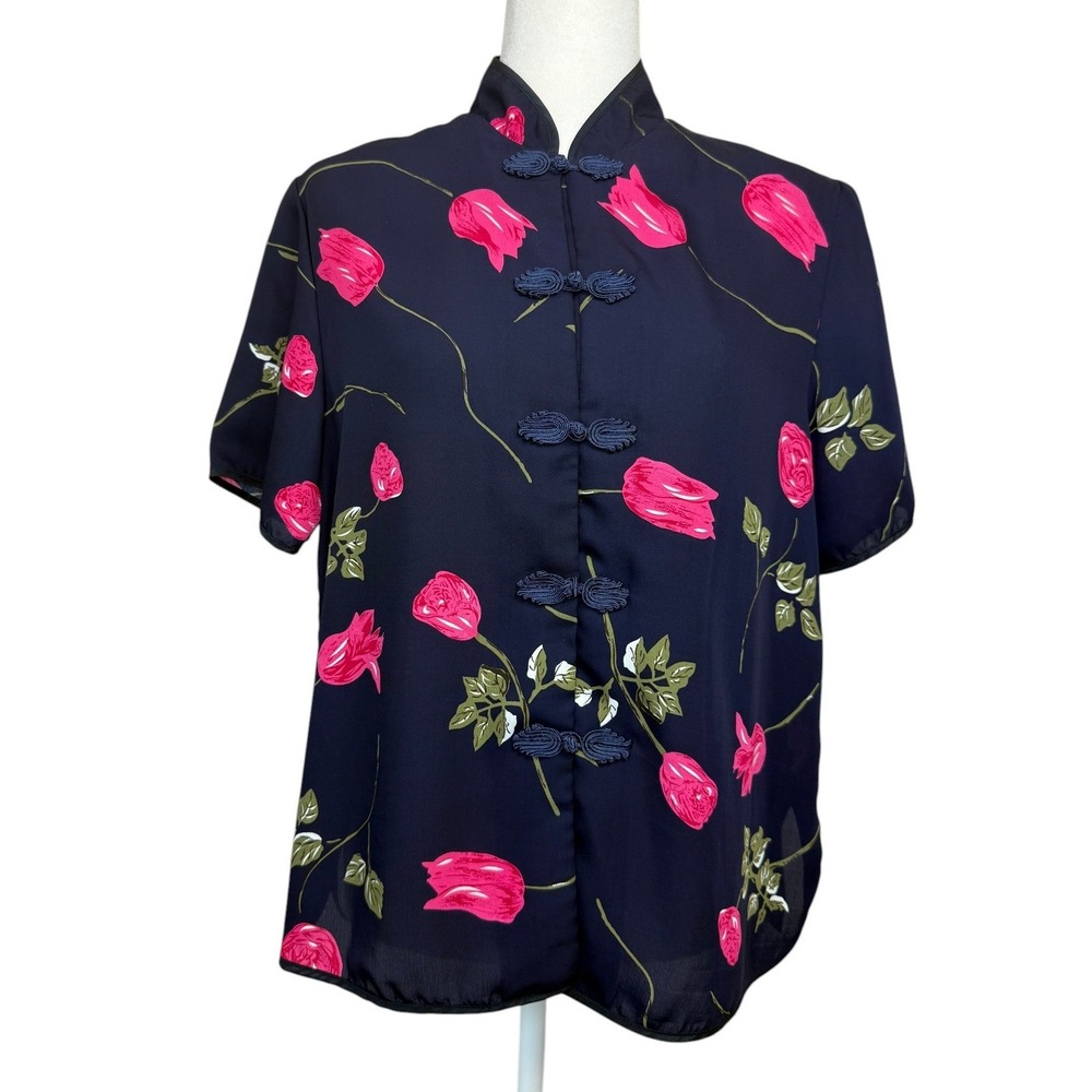 Vintage Richness Fashion L Navy Pink Floral Mandarin Frog Button Blouse Top